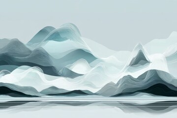 Abstract landscape with flowing mountain forms and reflective water surface in cool tones
