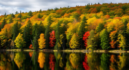 Obraz premium Colorful autumn hillside reflected in calm lake, panoramic fall treeline with vivid red, orange and yellow foliage