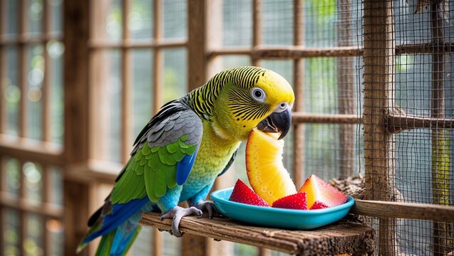 Eclectus parrot eating fruit slice inside screened aviary