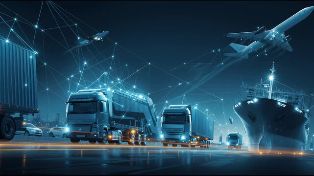 Smart Logistics Network: A striking visualization showcasing the interconnectedness of global logistics and supply chain management, as cargo containers, freight trucks, cargo ship.