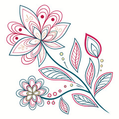 Stylized floral branch with intricate petal designs and decorative elements in teal and red
