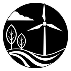Black and white icon of wind turbine and trees in a circle