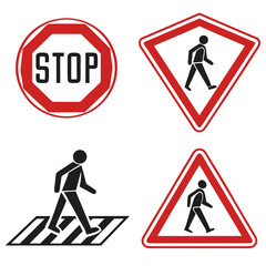 Collection of traffic signs including stop sign pedestrian crossing and warning signs for safety