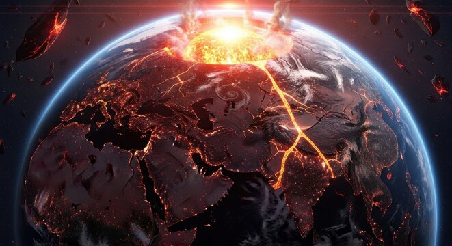 Earth with Volcanic Eruption and Lava Flows in Space