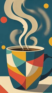 Colorful coffee mug with steaming drink surrounded by vibrant geometric shapes. Coffee mug features unique patterns in bright colors, creating a playful and modern aesthetic.