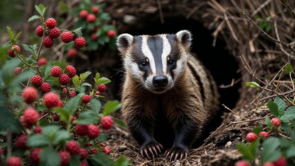European Badger Emerging From Den