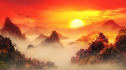 Majestic mountain landscape at sunrise with misty valleys and traditional pagoda