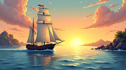 Golden Hour Serenity – A Vintage Sailboat at Sunset with Billowing White Sails over Tranquil Waters in a Dreamy Whimsical Illustration