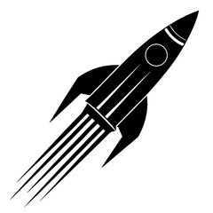 Black rocket ship with speed lines on white background