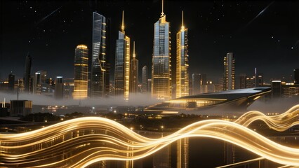 Futuristic city skyline at night with illuminated skyscrapers and glowing light trails