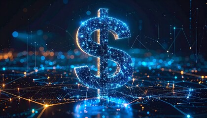 Glowing dollar sign formed of digital particles, overlaying a network of interconnected lines with a blurred background