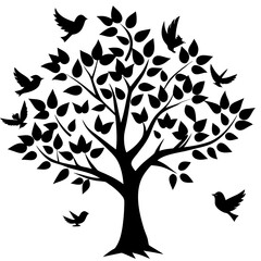 Black silhouette of a tree with leaves and flying birds 1