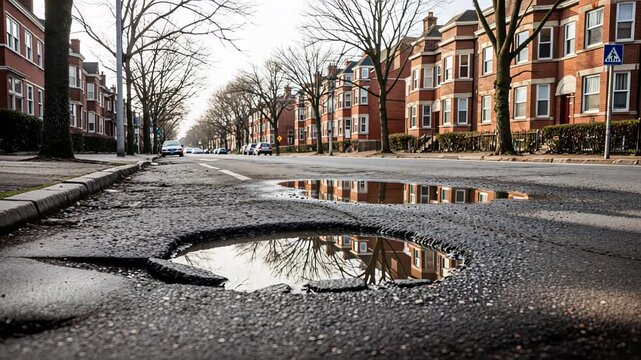 Urban street view with potholes and puddles reflecting trees in early spring. Potholes on street surface capture water, creating reflections of surroundings.
