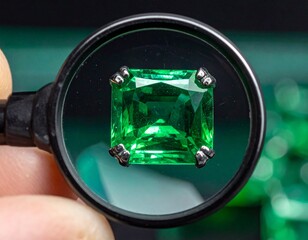 Emerald gemstone magnified under professional jeweler’s loupe, precise measurement detail.