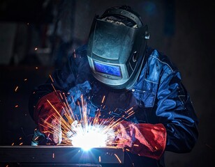 Industrial welder mid-spark, glowing sparks illuminating protective mask and dark environment.