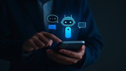 Businessman using mobile phone with virtual chatbot icon. AI technology, virtual assistant, customer service automation and digital communication innovation concept..