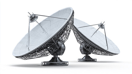 Two large satellite dishes on white background communication technology network infrastructure
