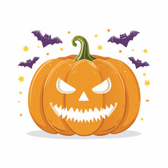Flat cartoon vector illustration of a Halloween pumpkin with a carved scary face glowing inside