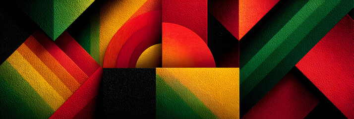 Juneteenth celebration design with abstract shapes and bold colors. Horizontal banner. Copy space. Kwanzaa. Black History Month. Abstract geometric red, yellow, green, black background