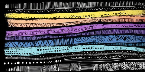 A vibrant design featuring horizontal bands of various colors and intricate, hand-drawn patterns on a black backdrop.