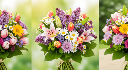 Vibrant mixed spring bouquet with lilies, tulips, daisies and greenery, studio triptych floral arrangement