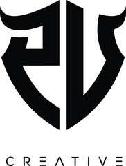 PU Shield Monogram Logo with Bull Horn – Bold Emblem Symbol for Security, Protection and Modern Branding