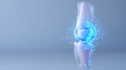Futuristic medical scanning of human knee joint with digital holographic interface. Orthopedic diagnostic technology for health care concept.
