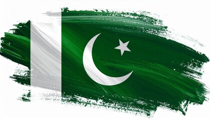 The flag of Pakistan painted in oil brush style rich textures white background with deep tones
