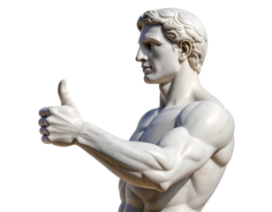 Modern Minimalist Marble Sculpture of Man with Thumbs Up, Side Angle, Transparent Background