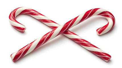 Fototapeta premium Traditional red and white candy canes crossed on white background, ideal for Christmas sweets, holiday packaging, festive promotions, and seasonal product mockups.