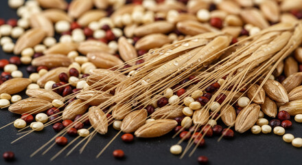 Mix of Grains and Cereal with Wheat Stalks.

A close-up, studio shot of a rich mixture of assorted grains on a dark, textured surface. The blend includes golden wheat kernels, small white quinoa