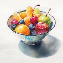 Watercolor illustration of a ceramic bowl filled with strawberries cherries blueberries oranges and grapes
