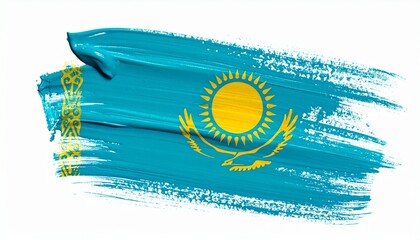 The flag of Kazakhstan painted abstractly in bright acrylic style white background with strong colors
