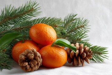 Tangerines and pinecones nestled against evergreen branches on a white textile backdrop
