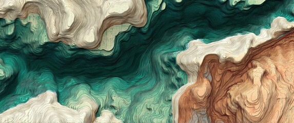 Abstract topographic fluid map with malachite green elevation lines flowing into burnt sienna desert canyons, champagne mist layers, geological survey aesthetic, abstract realism

