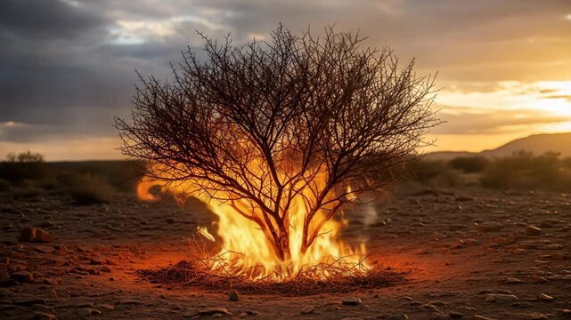 Burning bush in arid landscape against dramatic sky at sunset