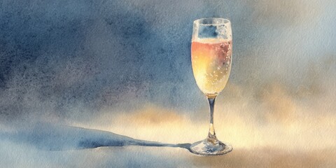 Watercolor painting of a sparkling wine glass with golden drink casting shadow on soft background