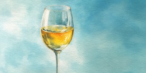 Watercolor illustration of a sparkling wine glass with golden drink on soft blue background