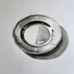 Realistic pencil drawing of a shiny empty plate casting a soft shadow on a white background