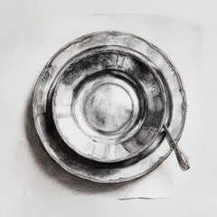 Realistic pencil drawing of nested shiny plates with a single ornate spoon on a white textured background