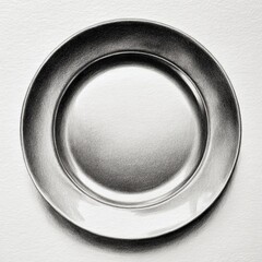 Realistic pencil sketch of a single clean plate with subtle shading and soft reflections on textured white paper