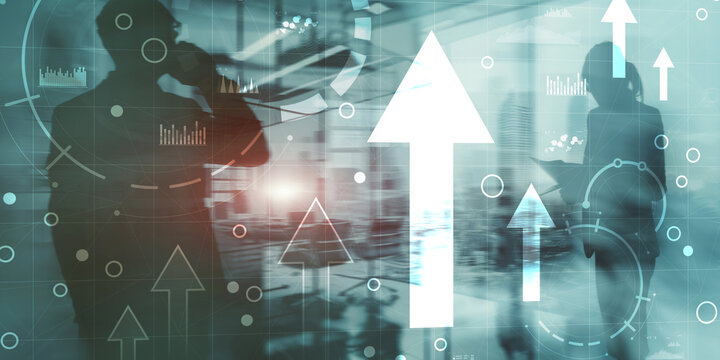 Business intelligence dashboard and arrows up, key performance indicators on a virtual screen computer interface - Powered by Adobe