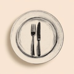 Line drawing of a clean plate with a fork and knife arranged vertically at the center on a beige background