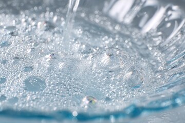 Close-up of a clean glass dish with sparkling soap bubbles and running water in soft natural light