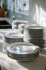 Stacks of sparkling clean porcelain plates with ornate edges arranged neatly on a sunlit kitchen counter