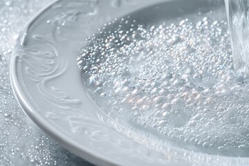 Close-up of ornate clean plate with sparkling soap bubbles under a stream of water in bright lighting