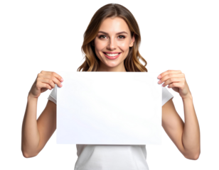Woman Presenting Blank Paper with Both Hands, Top-Down Slight Tilt, Transparent Background