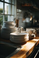 Fototapeta premium Stacks of sparkling clean white plates and cups on a wooden kitchen counter illuminated by warm morning sunlight