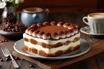 Tiramisu cake on a plate dusted with cocoa with coffee beans flowers and a cup of coffee in the background