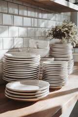 Stacks of sparkling clean ceramic plates and bowls arranged neatly on a wooden kitchen counter in natural light